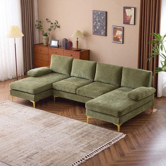 Olive Green 110" U-Shape Sectional Couch Double Chaise-0