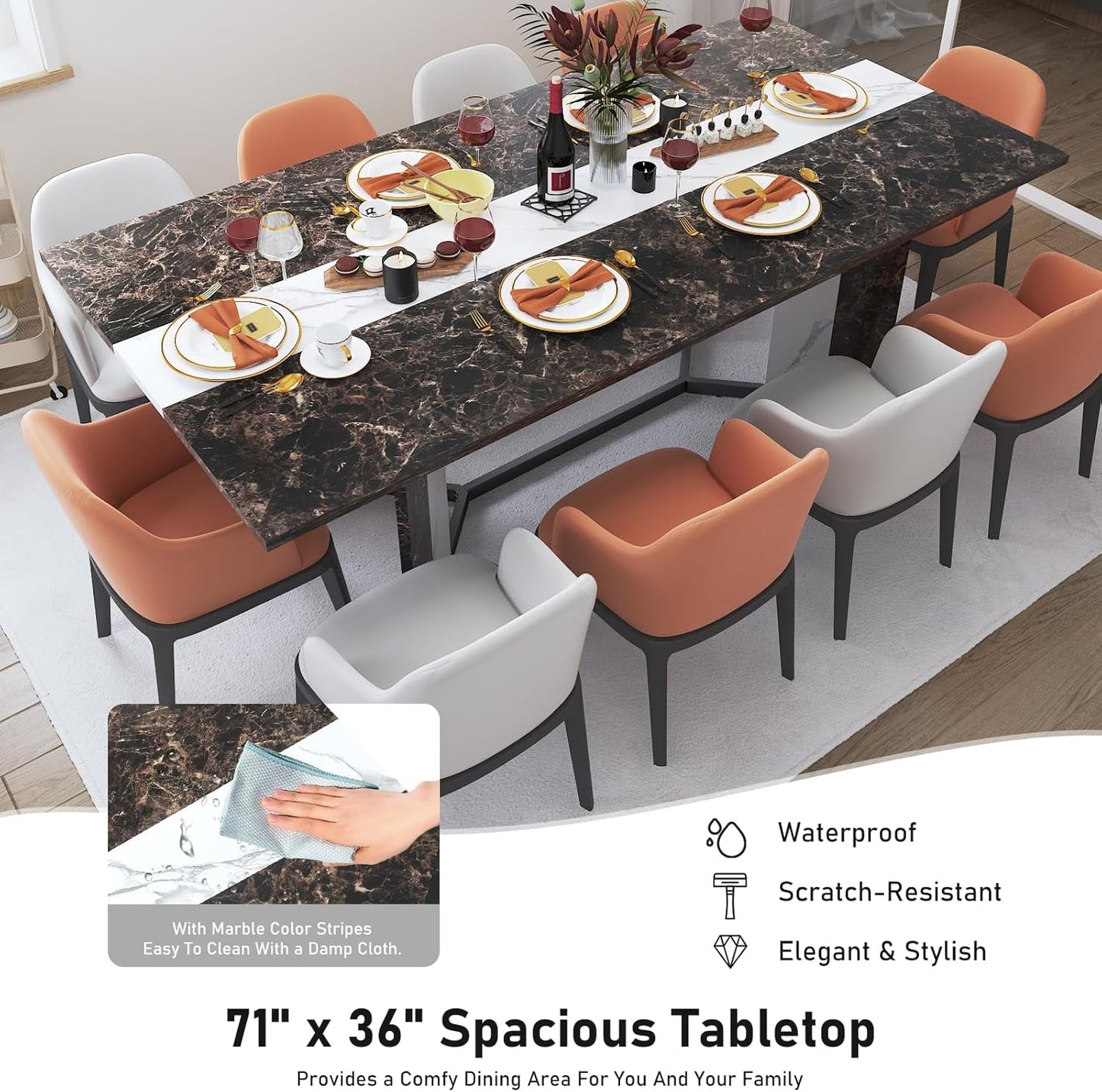 71In Large Rectangular Brown Dining Table for 4 5 6 7 People W/35 Marble-Color Wood Watrproof Tabletop,Adjustable Leg.6Ft Luxurious Family Dinner Table for Office Kitchen Living Room-2