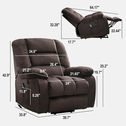 Big Power Lift Recliner Chair Wide Electric Massage Recliners for Elderly Fabric Living Room Overstuffed Reclining Chair for Adults with Heated Vibration, USB Ports, Massage Remote Control Brown-1