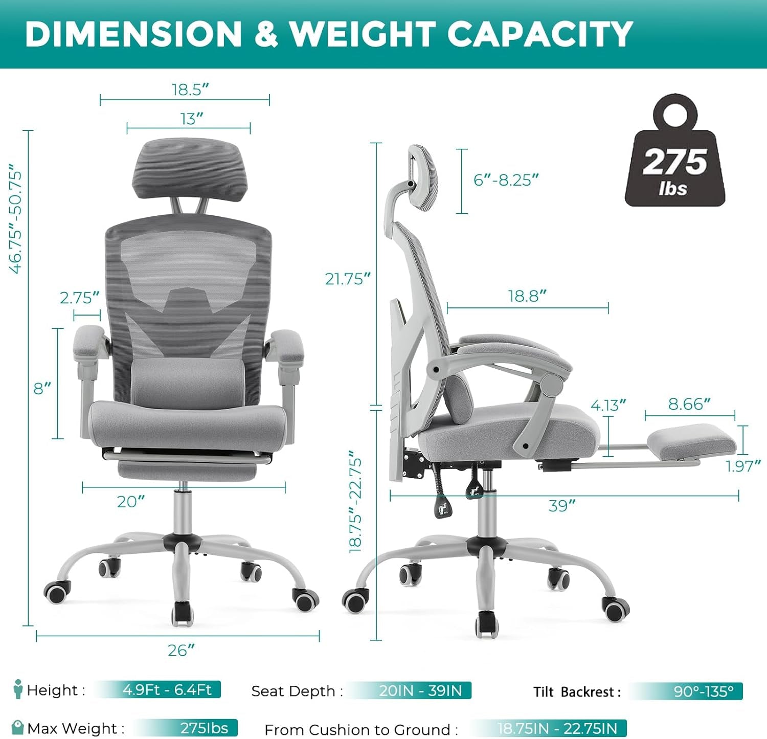 Home Office Desk Chair with Footrest, High-Back Mesh Rolling Swivel Reclining Chairs with Wheels, Comfortable Headrest, Lumbar Support, Comfy Arms for Home, Office, Gaming, Student, Grey-2