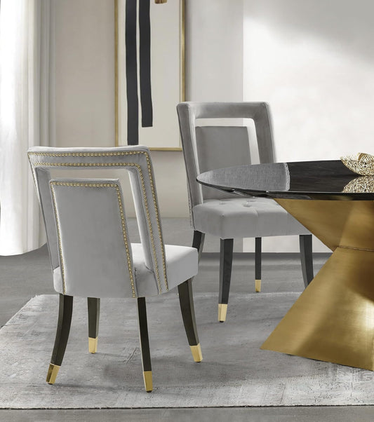 Elsie Dining Side Chair Velvet Upholstered Nailhead Trim Seat Espresso Finished Gold Tip Tapered Wood Legs Modern Transitional (Set of 2), Silver-0