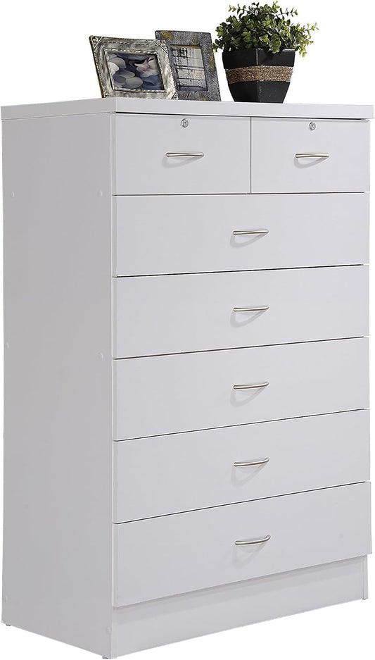 7 Drawer Wood Dresser for Bedroom, 31.5 Inch Wide Chest of Drawers, with 2 Locks on the Top Drawers, Storage Organization Unit for Clothing, White-0