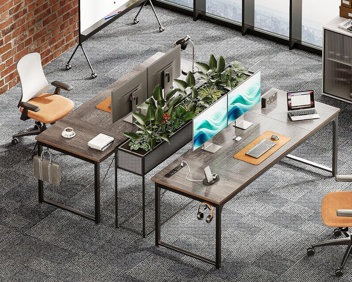 71 Inch Computer Desk with USB Ports, Large Office Desk, Long Study Student Writing Desk, Grey Oak-3