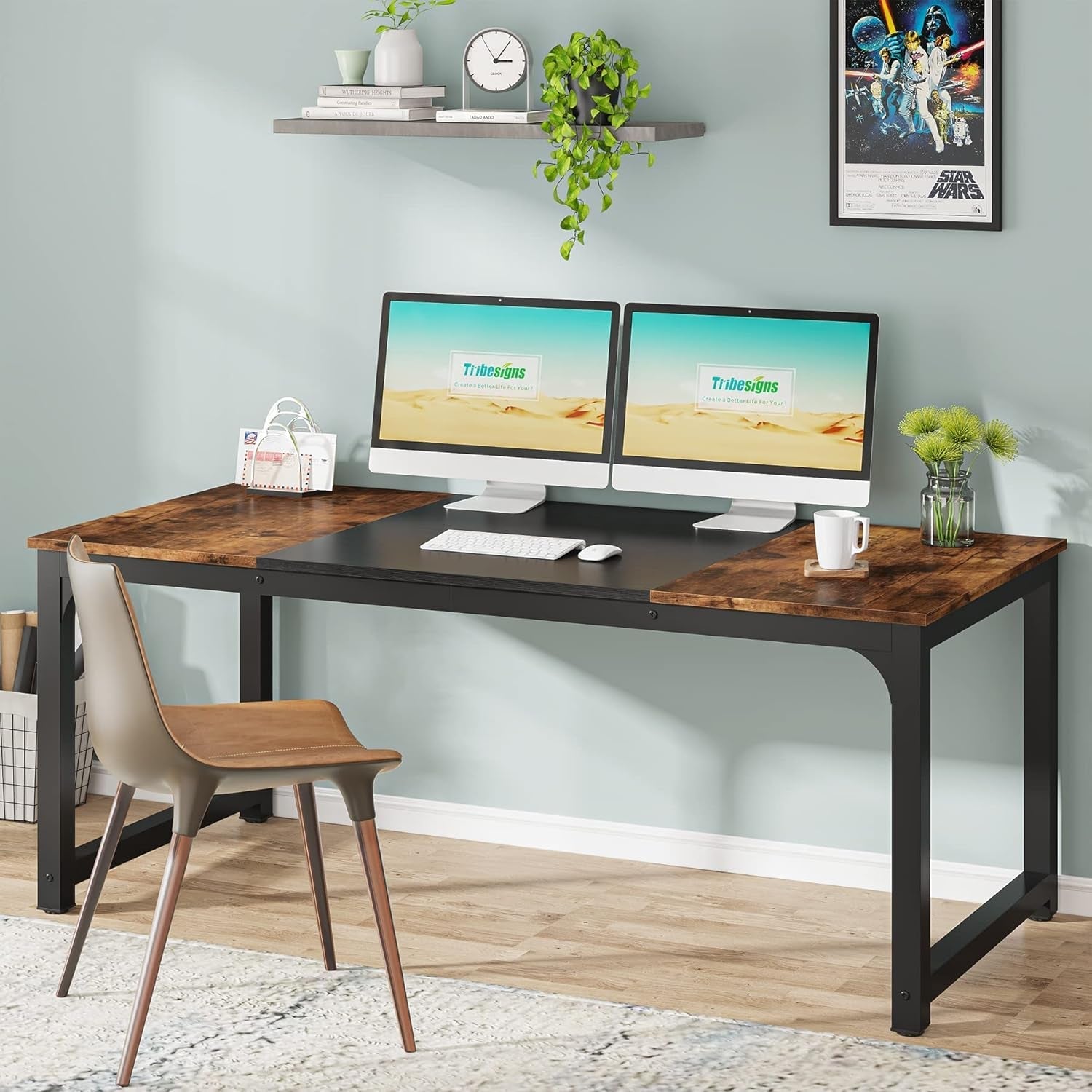 Modern Computer Desk, 63 X 31.5 Inch Large Office Desk Computer Table Study Writing Desk Workstation for Home Office, Vintage Black Metal Frame-3