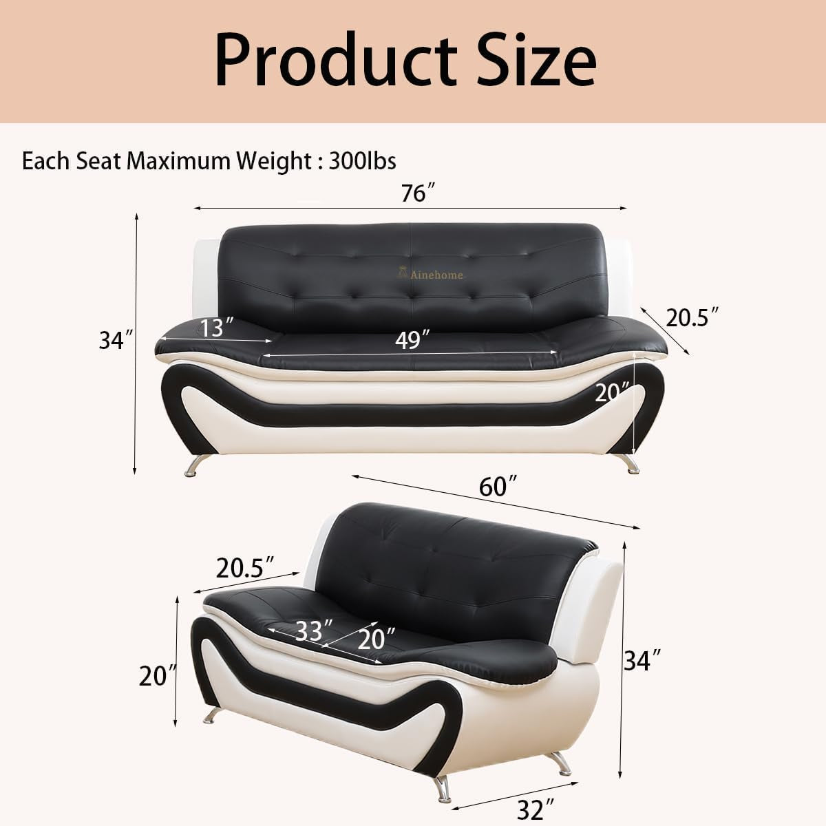 Sectional Sofa Sets, Living Room Furniture Sets Modern Faux Leather Sofa Couch 5-Seat Sofa for Living Room(C-Black/White, Sofa+Loveseat)-1