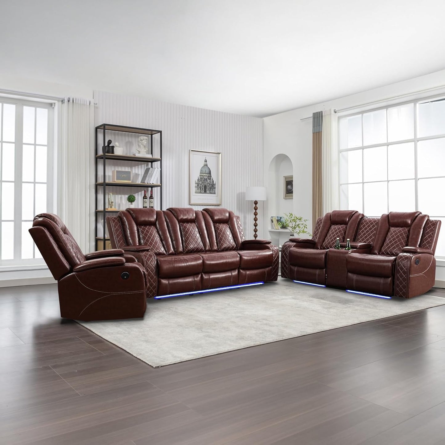 Power Recliner Sofa Set with LED Lights,Leather Reclining Sofa with USB Port/Wireless Charger/Storage Console/Cup Holder,Living Room Furniture for House/Home Theater(3 Piece Set,Wine Red)-0