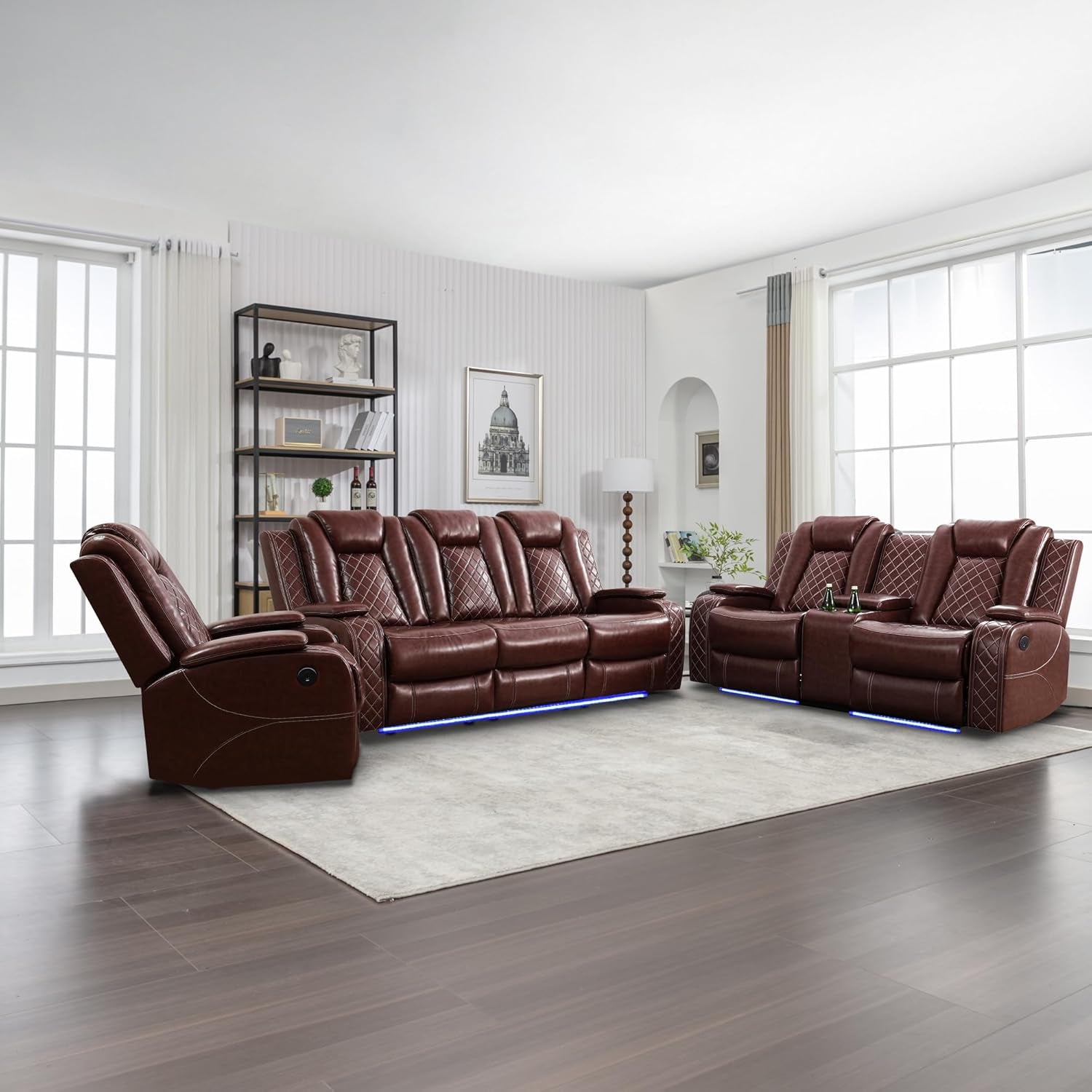 Power Recliner Sofa Set with LED Lights,Leather Reclining Sofa with USB Port/Wireless Charger/Storage Console/Cup Holder,Living Room Furniture for House/Home Theater(3 Piece Set,Wine Red)-0