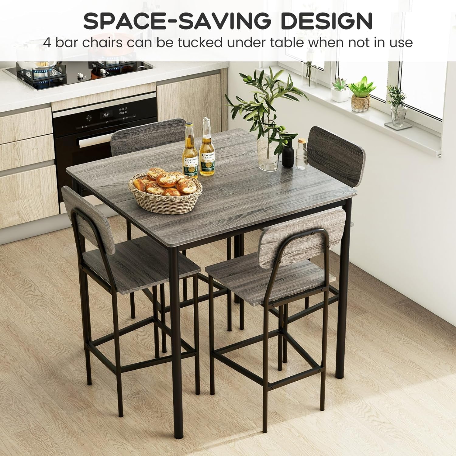 5-Piece Dining Table Set W/Counter Height Table & 4 Bar Stools, Modern Kitchen Dining Set W/Footrest & Backrest, Space-Saving Dinette Set for Pub, Dining Room, Restaurant (Black Oak)-2