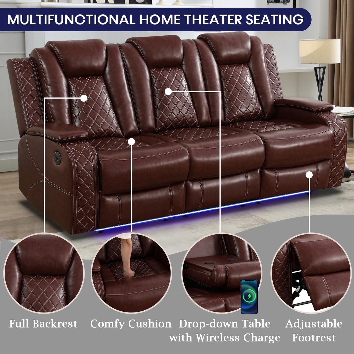 Power Recliner Sofa Set with LED Lights,Leather Reclining Sofa with USB Port/Wireless Charger/Storage Console/Cup Holder,Living Room Furniture for House/Home Theater(3 Piece Set,Wine Red)-3