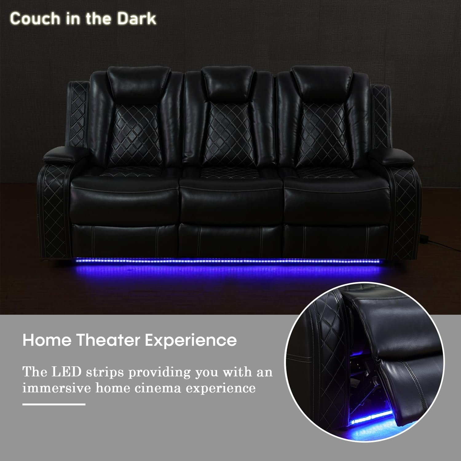Power Recliner Sofa Set with LED Lights,Leather Reclining Sofa with USB Port/Wireless Charger/Storage Console/Cup Holder,3 Piece Reclining Living Room Set for House/Home Theater(3 Piece Set,Black)-4