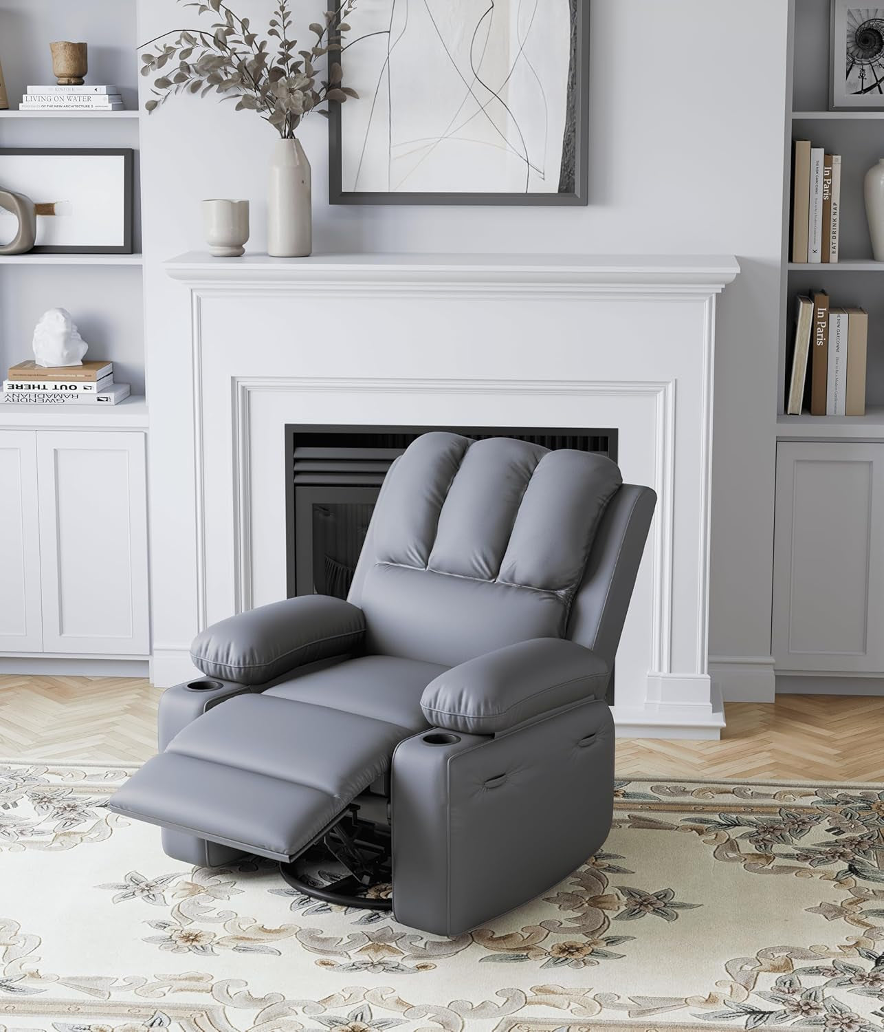 Leather Recliner Chair, Manual Recliner W/Comfortable Arms and Cup Holders for Living Room CF8011 - Gray, Medium-1