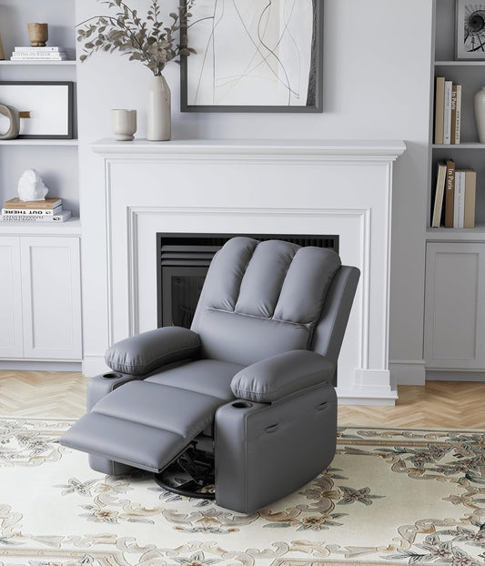 Leather Recliner Chair, Manual Recliner W/Comfortable Arms and Cup Holders for Living Room CF8011 - Gray, Medium-1