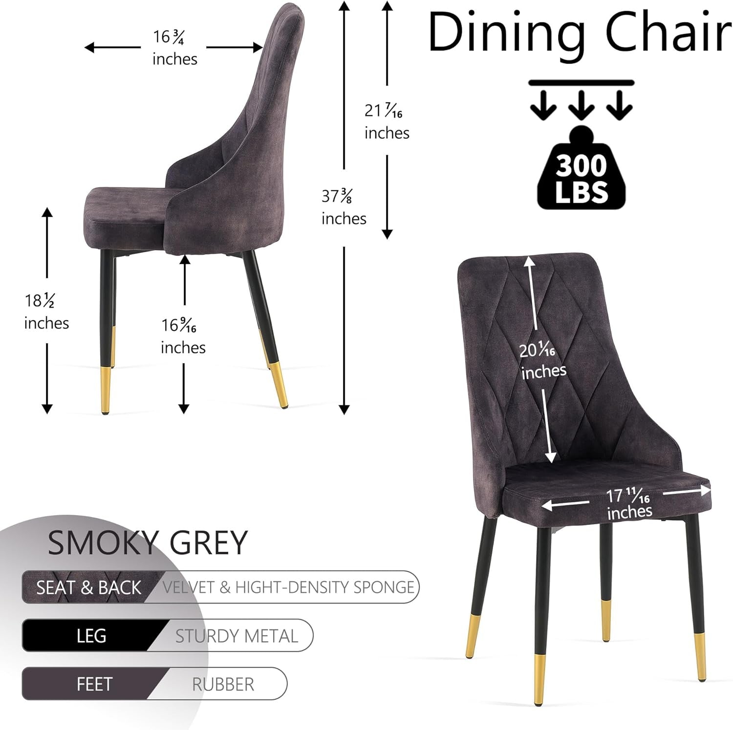 Upholstered Velvet Dining Chair Set of 4, Smoky Gray Armless Side Chair with Metal Legs for Home Kitchen-1