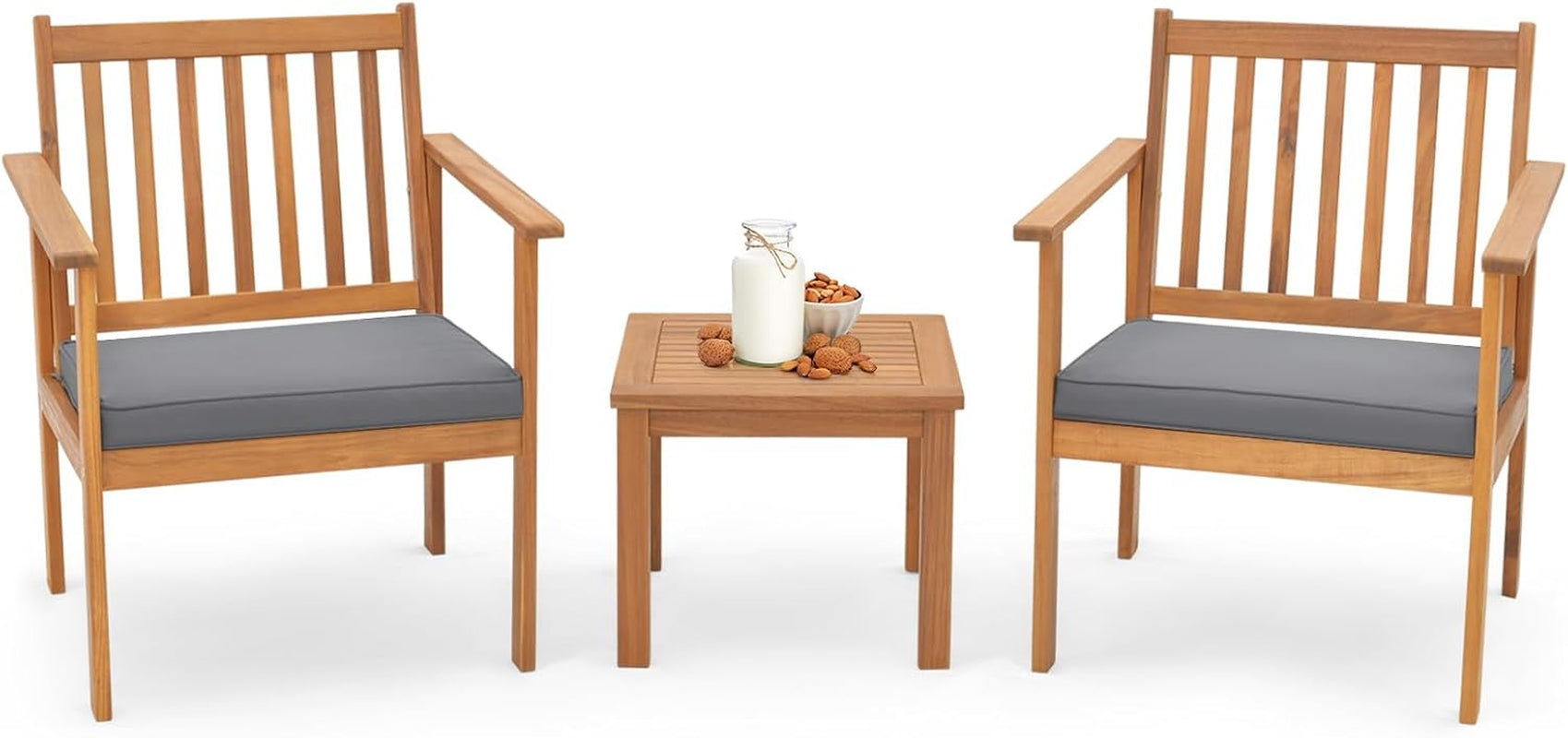 3 Pieces Patio Wood Furniture Set, Acacia Wood Chairs and Coffee Table Set with Soft Cushions, Slatted Design, Outdoor Furniture Set for Porch, Yard, Balcony (Grey)-0