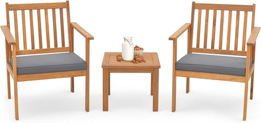 3 Pieces Patio Wood Furniture Set, Acacia Wood Chairs and Coffee Table Set with Soft Cushions, Slatted Design, Outdoor Furniture Set for Porch, Yard, Balcony (Grey)-0