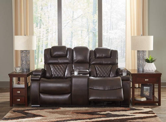 Warnerton Faux Leather Power Reclining Loveseat with Center Console, Brown-1