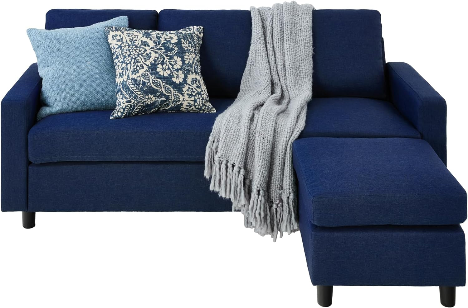 Upholstered Sectional Sofa for Home, Apartment, Dorm, Bonus Room, Compact Spaces W/Chaise Lounge, 3-Seat, L-Shape Design, Reversible Ottoman Bench, 680Lb Capacity - Dark Blue-0