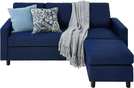 Upholstered Sectional Sofa for Home, Apartment, Dorm, Bonus Room, Compact Spaces W/Chaise Lounge, 3-Seat, L-Shape Design, Reversible Ottoman Bench, 680Lb Capacity - Dark Blue-0