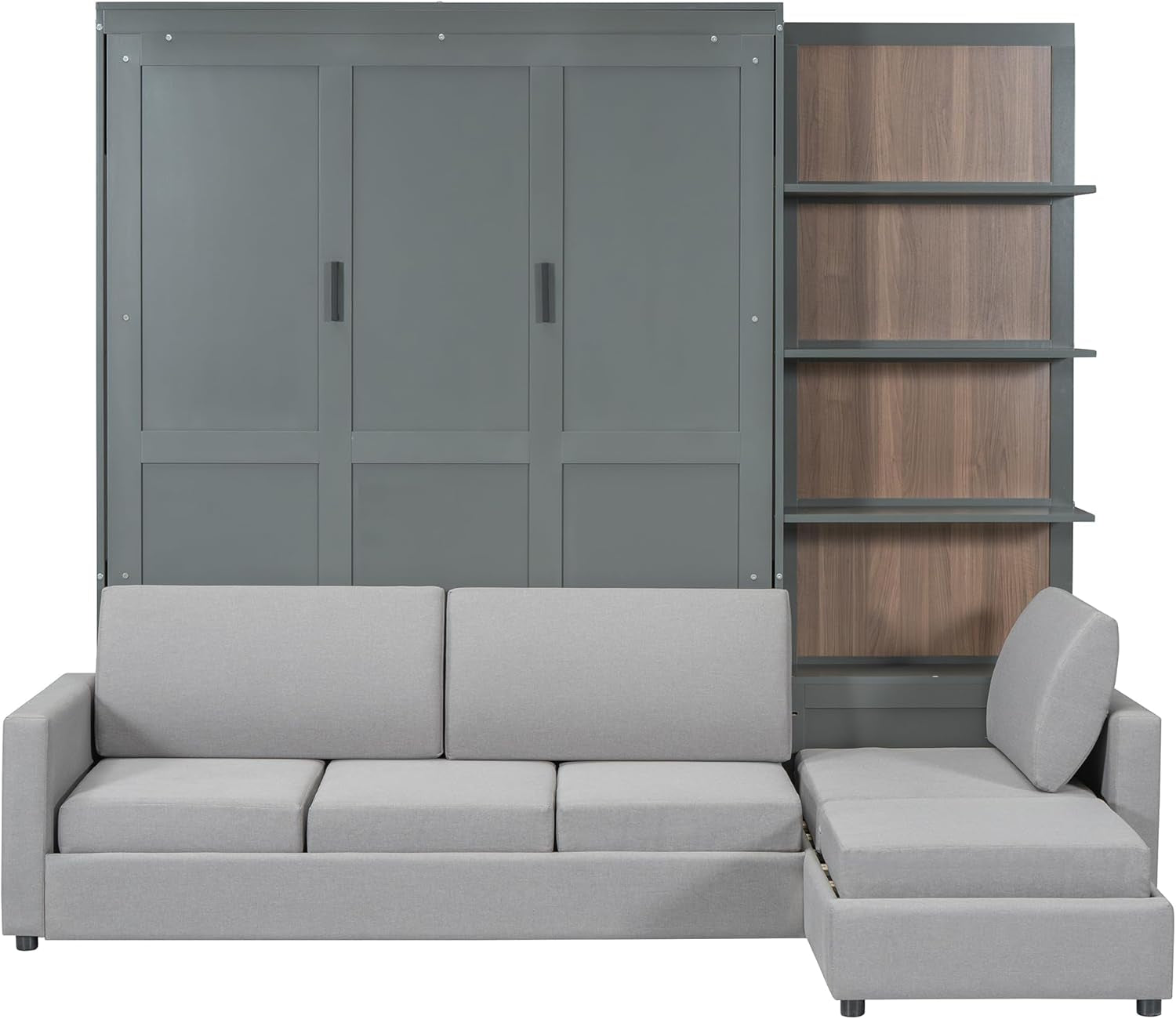 Queen Size Murphy Bed with Sofa and Shelves Gray-4