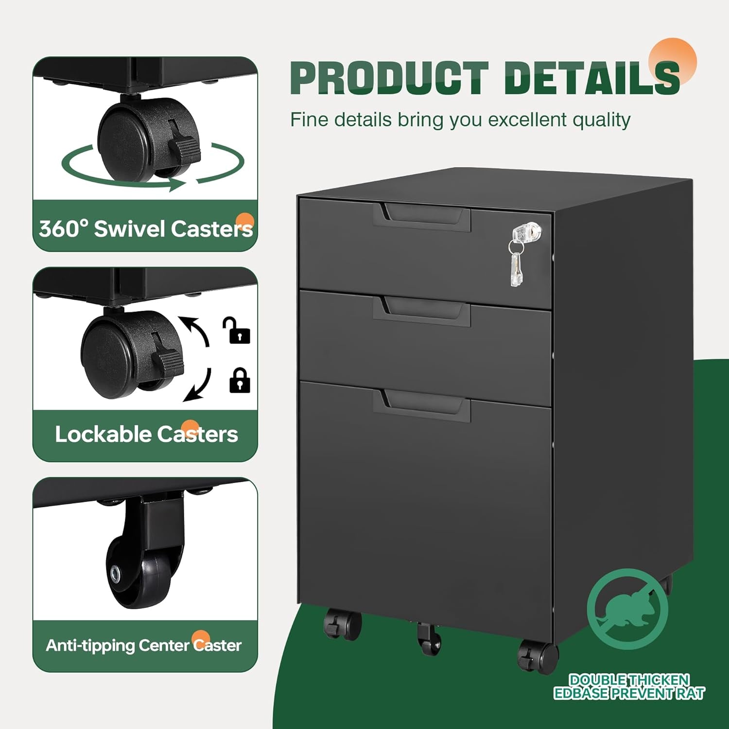 3 Drawer Mobile File Cabinet with Lock,Under Desk Metal Small Filing Cabinets for Home Office Organizer Letters/Legal/A4(Fully Assembled except Wheels-Black)-3