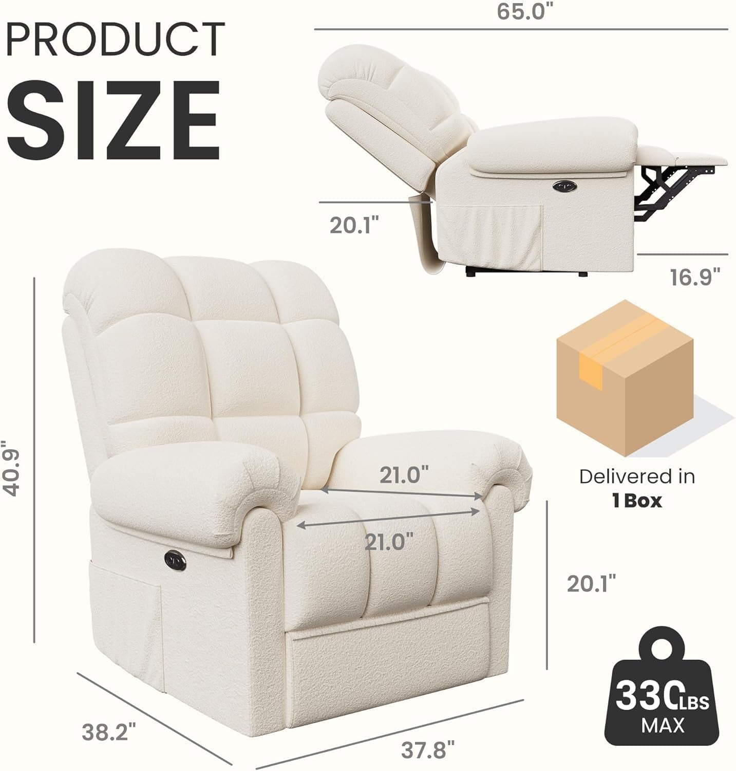 2024 New Power Recliner Chair for Adults, Adjustable Electric Recliner Power Recliner, USB Port, Ultra-Comfy Teddy Fleece Recliner for Living Room, Tool-Less Assembly Single Sofa, Beige White-1