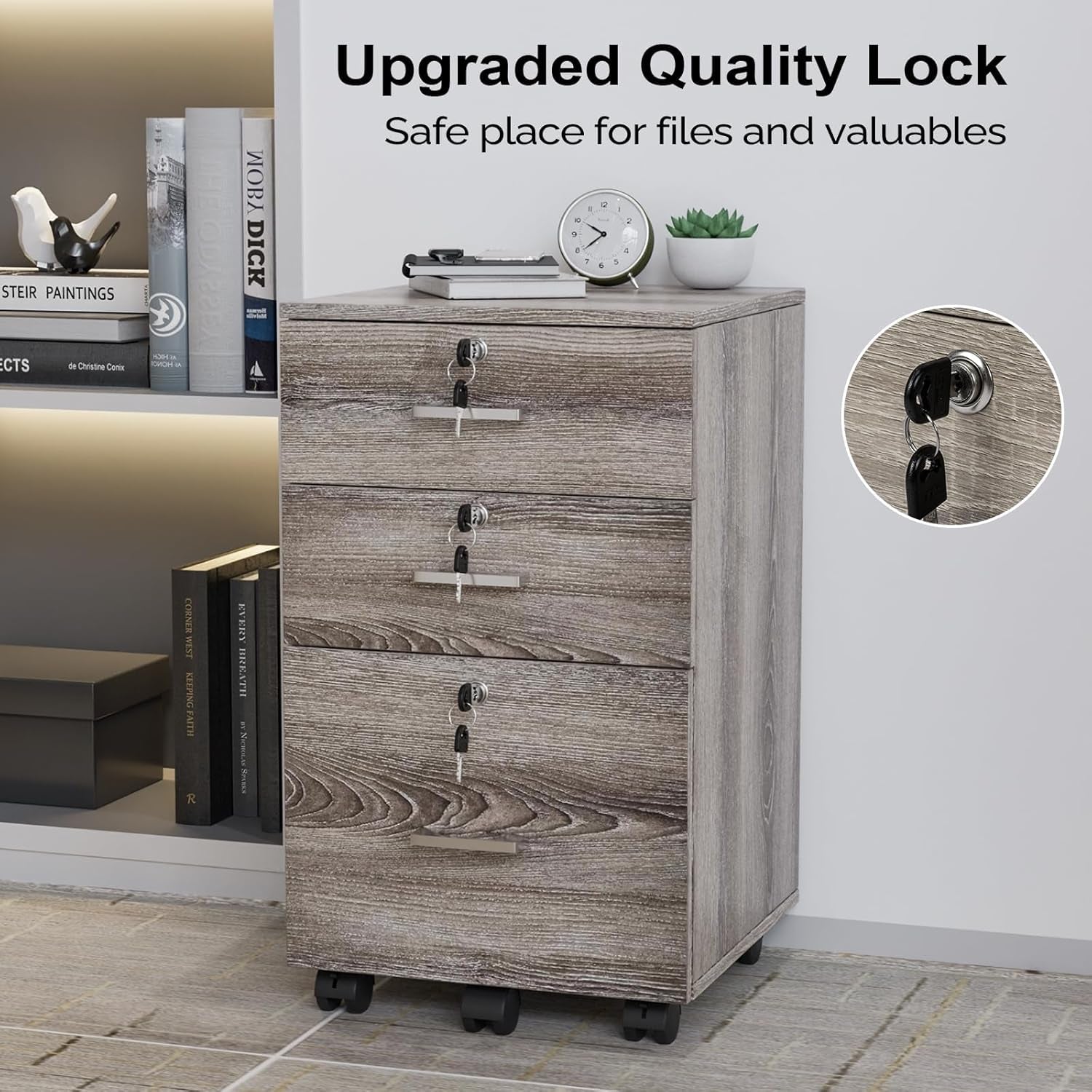 3-Drawer File Cabinet with Lock, Wood Rolling File Cabinet under Desk File Cabinets for Home Office, Mobile Printer Stand & File Cabinet for Letter Sized Files, 26" H(Caster Included),Gray Oak-4