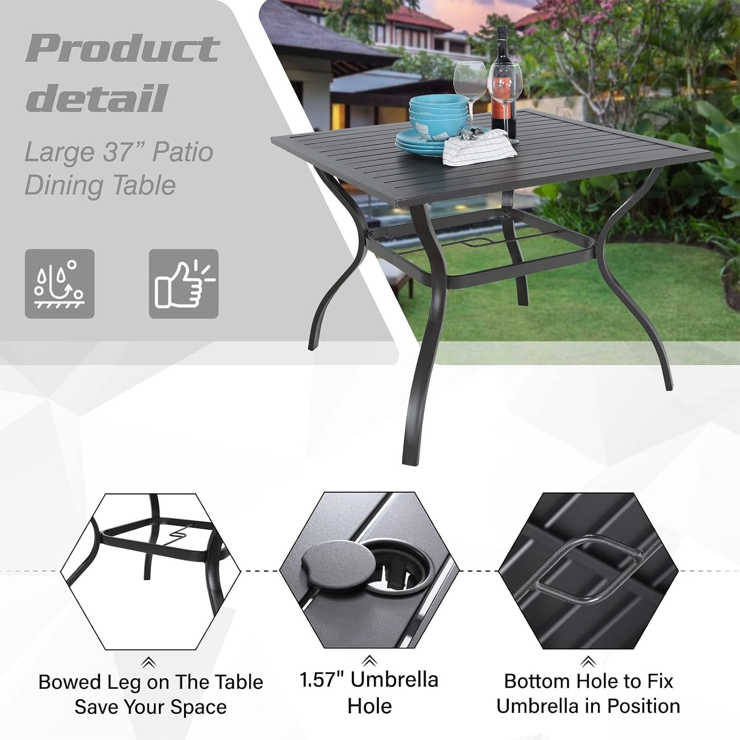 5-Piece Metal Patio Outdoor Table and Chairs Dining Set- 37" Square Bistro Table and 4 Backyard Garden Chairs, Table with 1.57" Umbrella Hole-2