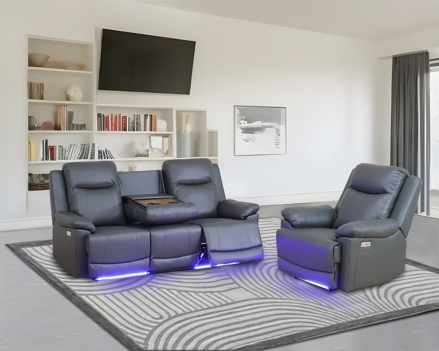 Leather Power Recliner Sofa Set with LED, Power Reclining Living Room Set, Leather Sofa Couch Set with USB Port/Cup Holder/Storage (Leather Sofa and Chair Set, Dark Grey)-0