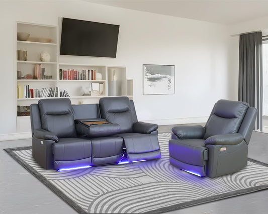 Leather Power Recliner Sofa Set with LED, Power Reclining Living Room Set, Leather Sofa Couch Set with USB Port/Cup Holder/Storage (Leather Sofa and Chair Set, Dark Grey)-0