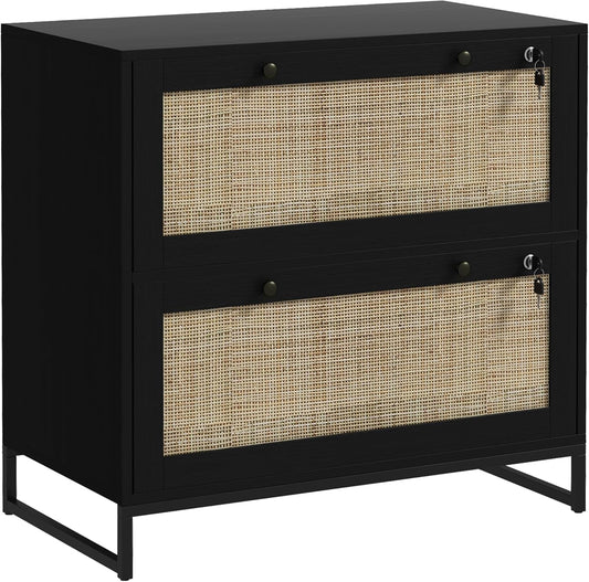 2 Rattan Drawer File Cabinet with Lock, Lateral Filing Cabinet with Adjustable Hanging Bar for Letter, A4 and Legal Size Files, Printer Stand for Home Office, Black-0