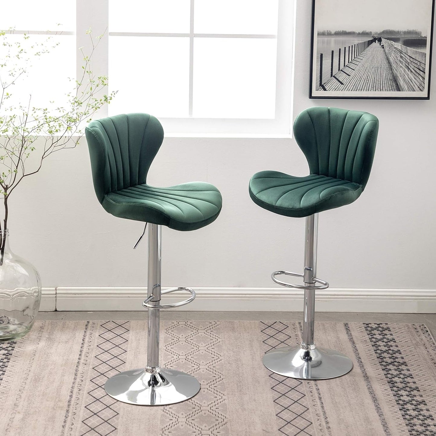 Ellston Velvet Adjustable Swivel Barstools in Green, Set of 2-0