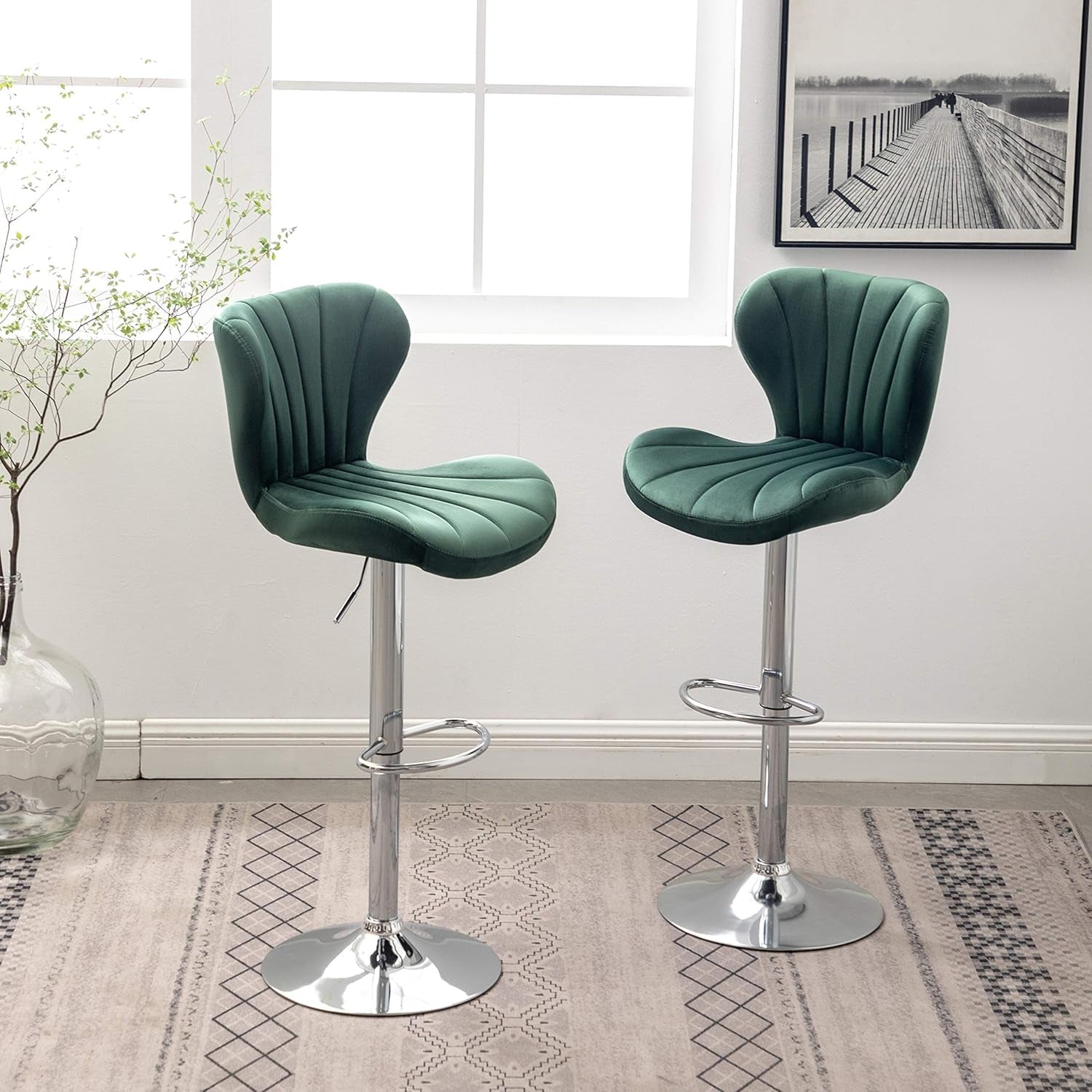 Ellston Velvet Adjustable Swivel Barstools in Green, Set of 2-0