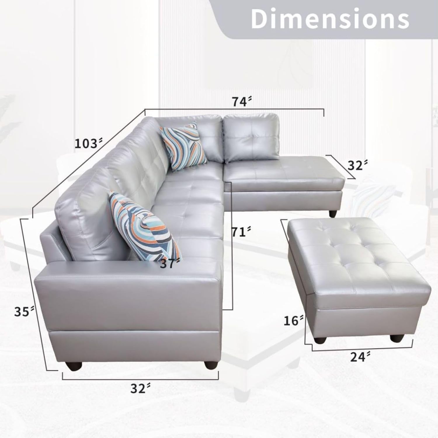 L-Shaped 3-Piece Semi PU Synthetic Leather Sofa with Storage Ottoman Set, Sectional Couch Sofa Set for Living Room, Office, Small Space, Silver White-1