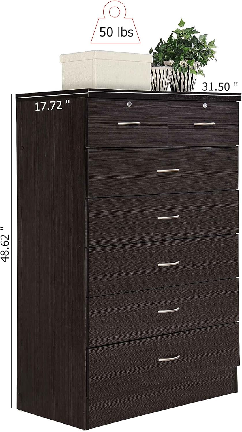 7 Drawer Wood Dresser for Bedroom, 31.5 Inch Wide Chest of Drawers, with 2 Locks on the Top Drawers, Storage Organization Unit for Clothing, Chocolate-2