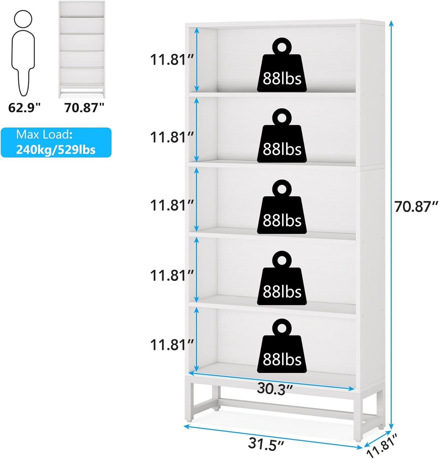 Tall Bookcase and Bookshelf, 70.8” Large Bookcases Organizer with 5-Tier Storage Shelves, Heavy Duty Free-Standing Library Bookshelf Shelving Unit for Living Room, Bedroom, Office (White)-1
