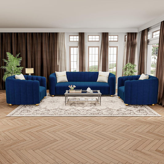 KEAI Blue Velvet Tufted Sofa Set for Living Room, 3 Piece Modern Design Couch Set with Gold Metal Ball Legs, Lovely Upholstered Sherpa Furniture Set for Office (Blue, 1+1+3 Set)-0