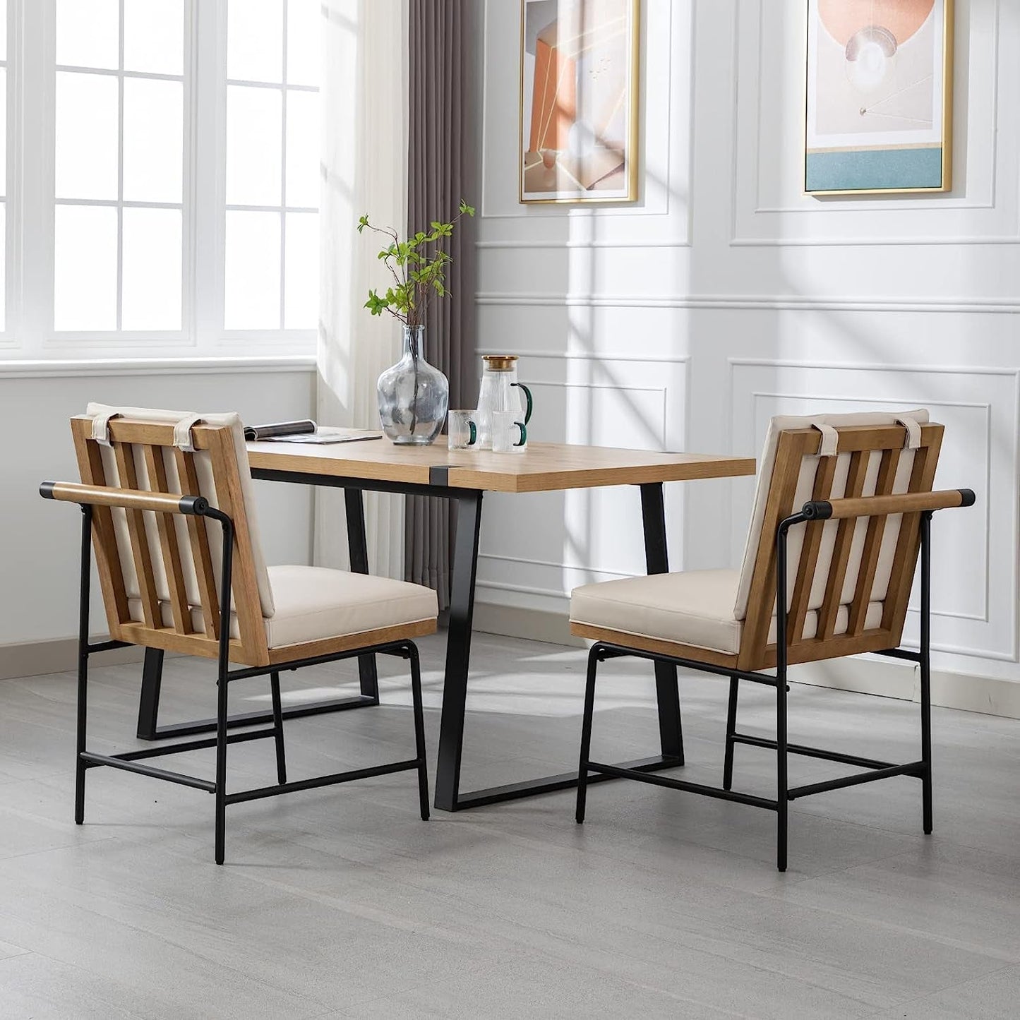 Mid Century Leather Dining Chairs Set of 2 in Beige-1