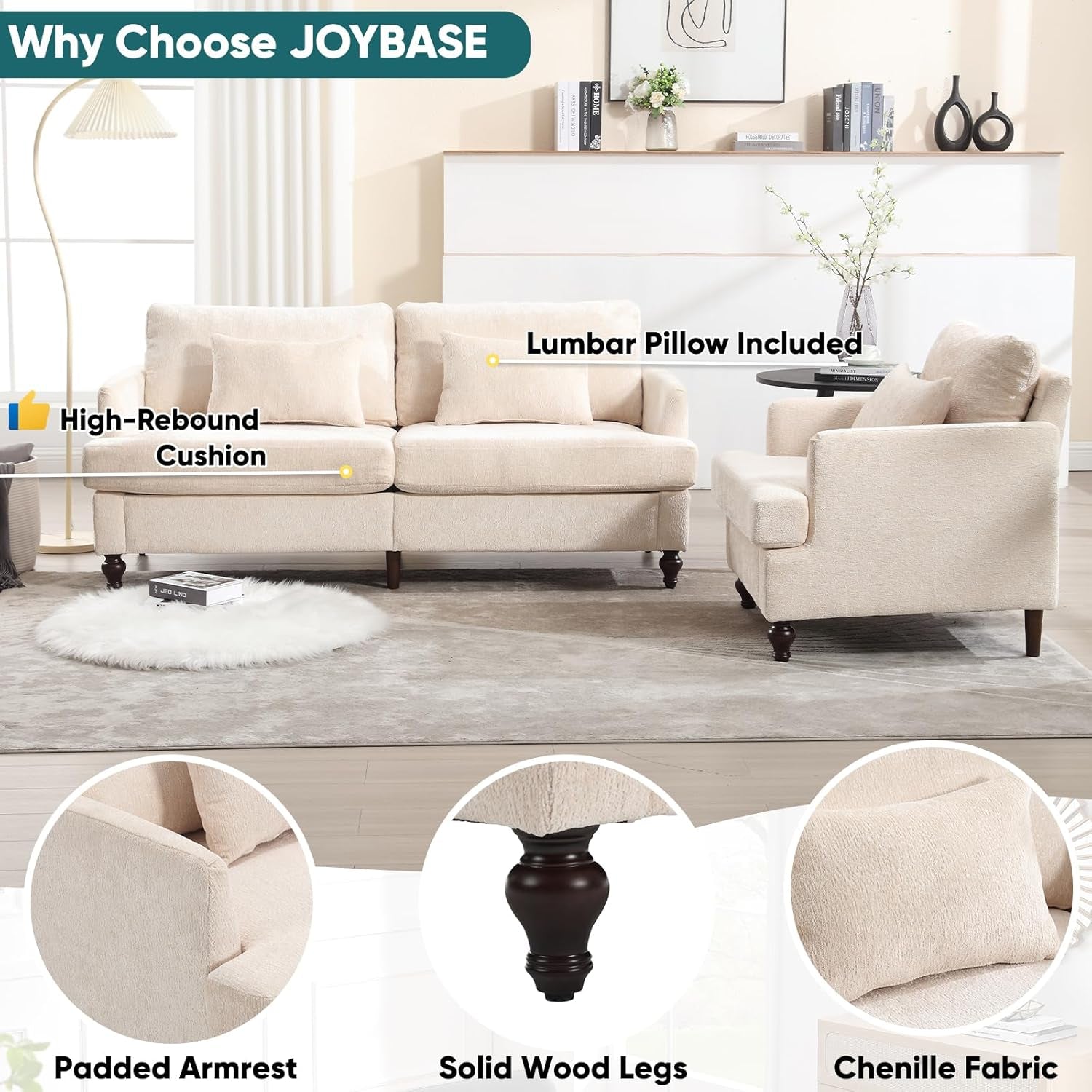 2 Pieces Living Room Furniture Sets, Loveseat Couch and Accent Chair, Mid-Century Modern Sofa Set for Living Room, Apartment, Office, Bedroom (Beige, Chenille)-2