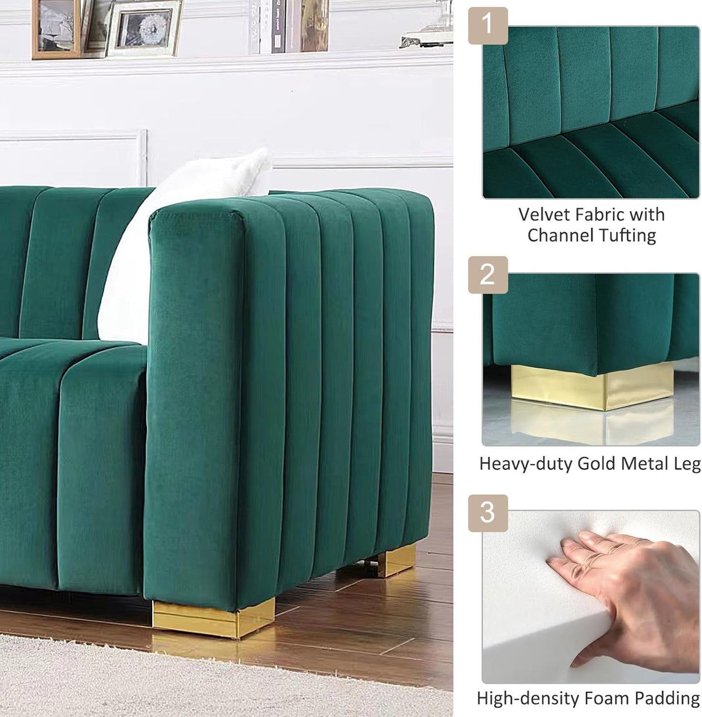 Velvet 3 Seater Sofa Couch with 2 Pillows, Channel Tufted, Square Arms & Gold Metal Legs for Living Room Apartment Office, 87.01”W (Green)-3