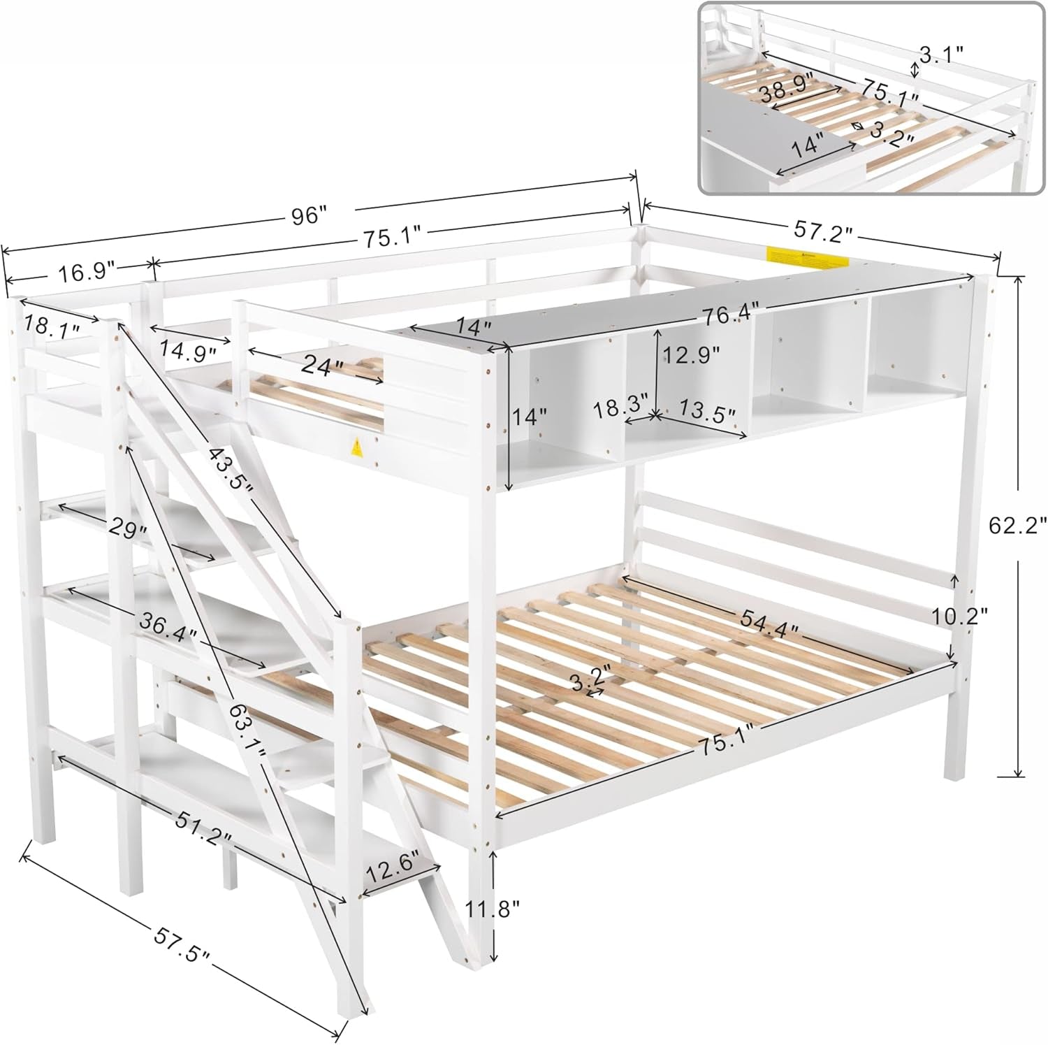 Twin Size Bed Frame for Bedroom Twin over Full Bunk Bed with Staircase and Built-In Storage Cabinets No Box Spring Needed White 96" L X 57.2" W X 62.2" H-1