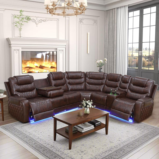 6-Seat Power Recliner Sectional LED, Leather, USB-0