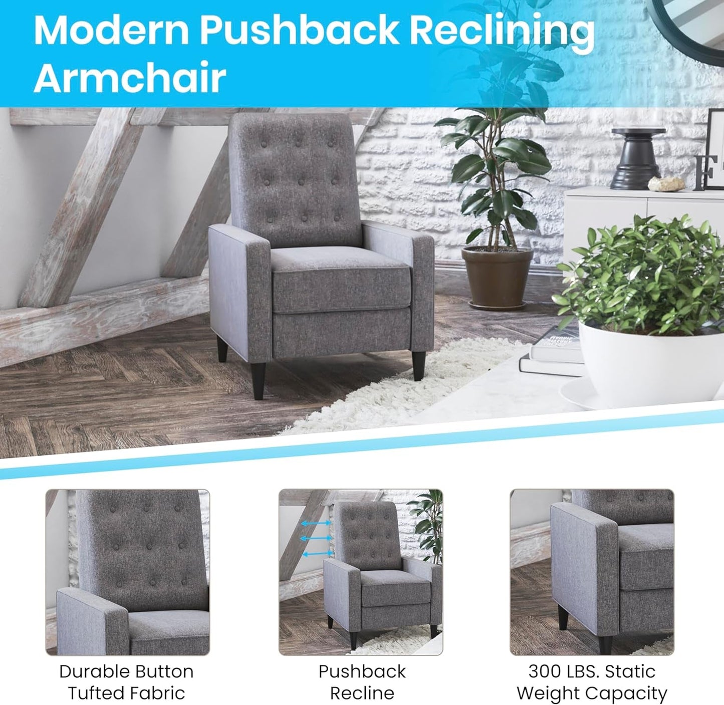 Ezra Ezra Pushback Recliner - Mid-Century Modern Gray Fabric Upholstery - Button Tufted Back - Residential & Commercial Use-3