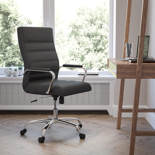 Whitney High-Back Swivel Leathersoft Desk Chair with Padded Seat and Armrests, Adjustable Height Padded Office Chair, Black/Chrome-1