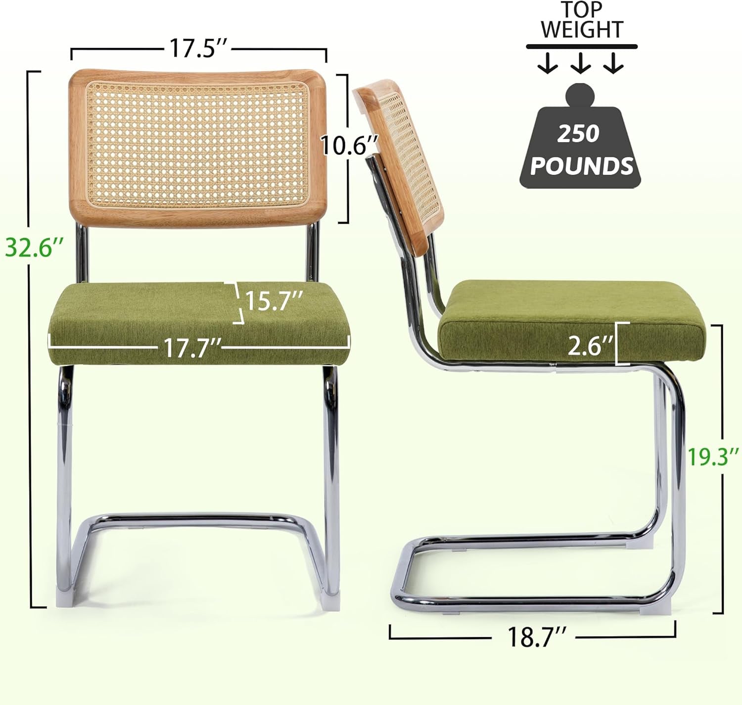Modern Cesca Cane Dining Chairs, Set of 2, Handwoven Rattan Cane Back, Chrome Base, Upholstered Cotton Seat, Ideal for Kitchen or Dining Room, Green-2