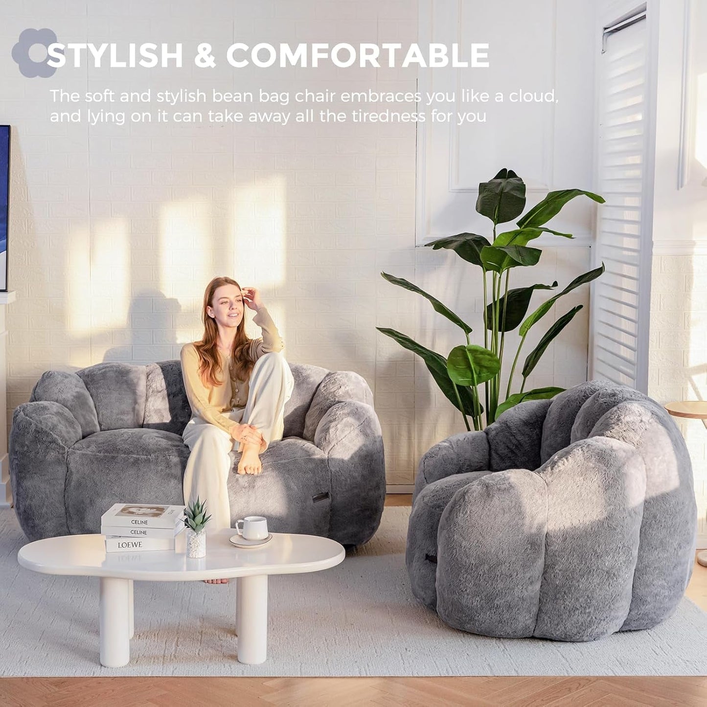 Bean Bag Chair for Adults, Loveseat Floral Shaped Bean Bag Sofa, Ultra Soft Love Seat Mini Sofa Couch, Faux Fur Reading Chair for Living Room Bedroom, Dark Grey-3