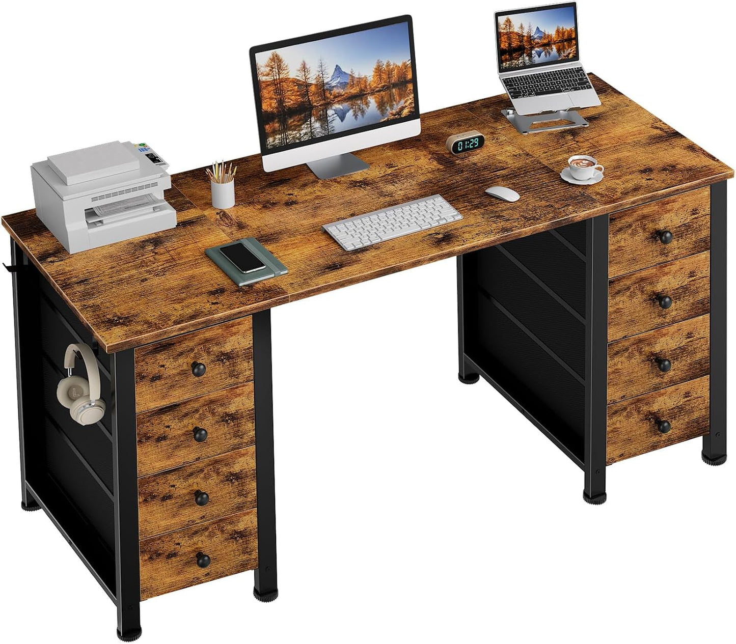 Home Office Desk with Drawers for Storage - 55 Inch Computer Desk with 8 Fabric Drawers, Writing Study Work Desk with Drawers on Both Sides for Bedroom-0