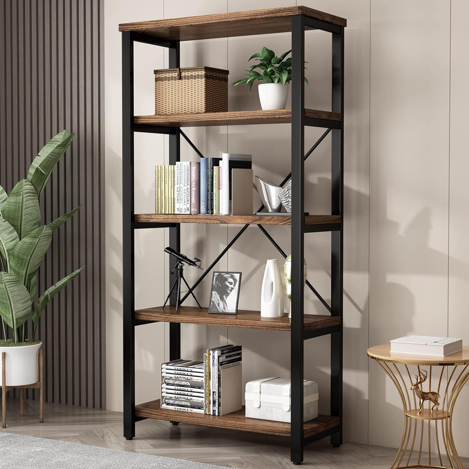 5 Tier Industrial Solid Wood Bookshelf, Open Etagere Bookcase with Metal Frame, Vintage Industrial Style Bookcase/Metal and Wood Bookshelf Furniture (Ay01-5Tier)-0