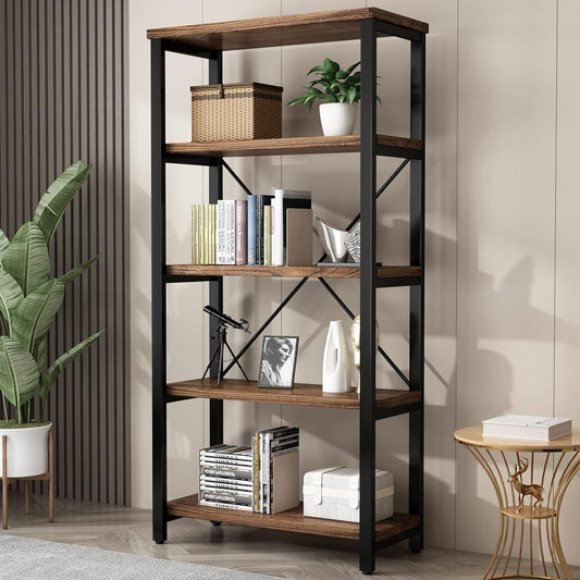 5 Tier Industrial Solid Wood Bookshelf, Open Etagere Bookcase with Metal Frame, Vintage Industrial Style Bookcase/Metal and Wood Bookshelf Furniture (Ay01-5Tier)-0