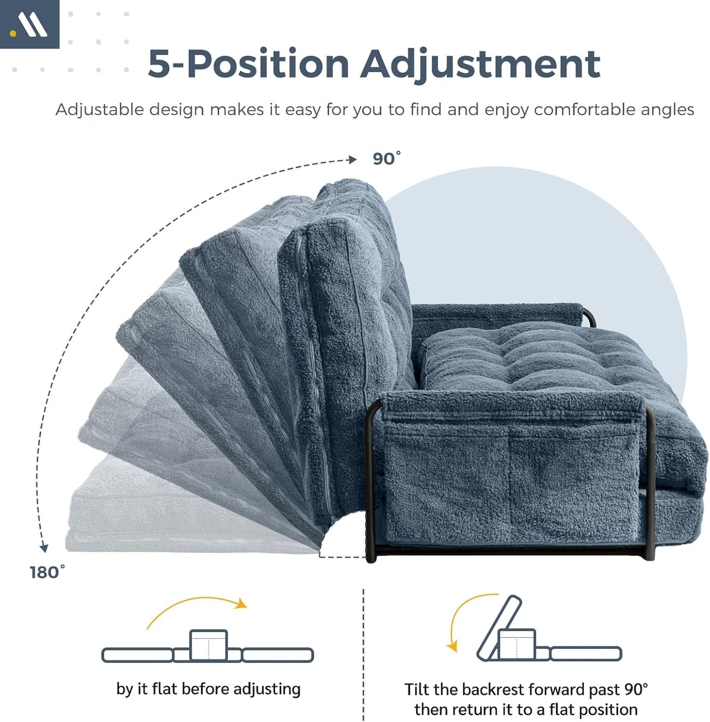 Adjustable Floor Sofa Couch with 2 Pillows, 5-Position Boucle Bean Bag Bed, Convertible Lazy Sofa Sleeper Bed with Armrest, Versatile Floor Seating Sofa for Living Room, Dusty Blue, Double-2