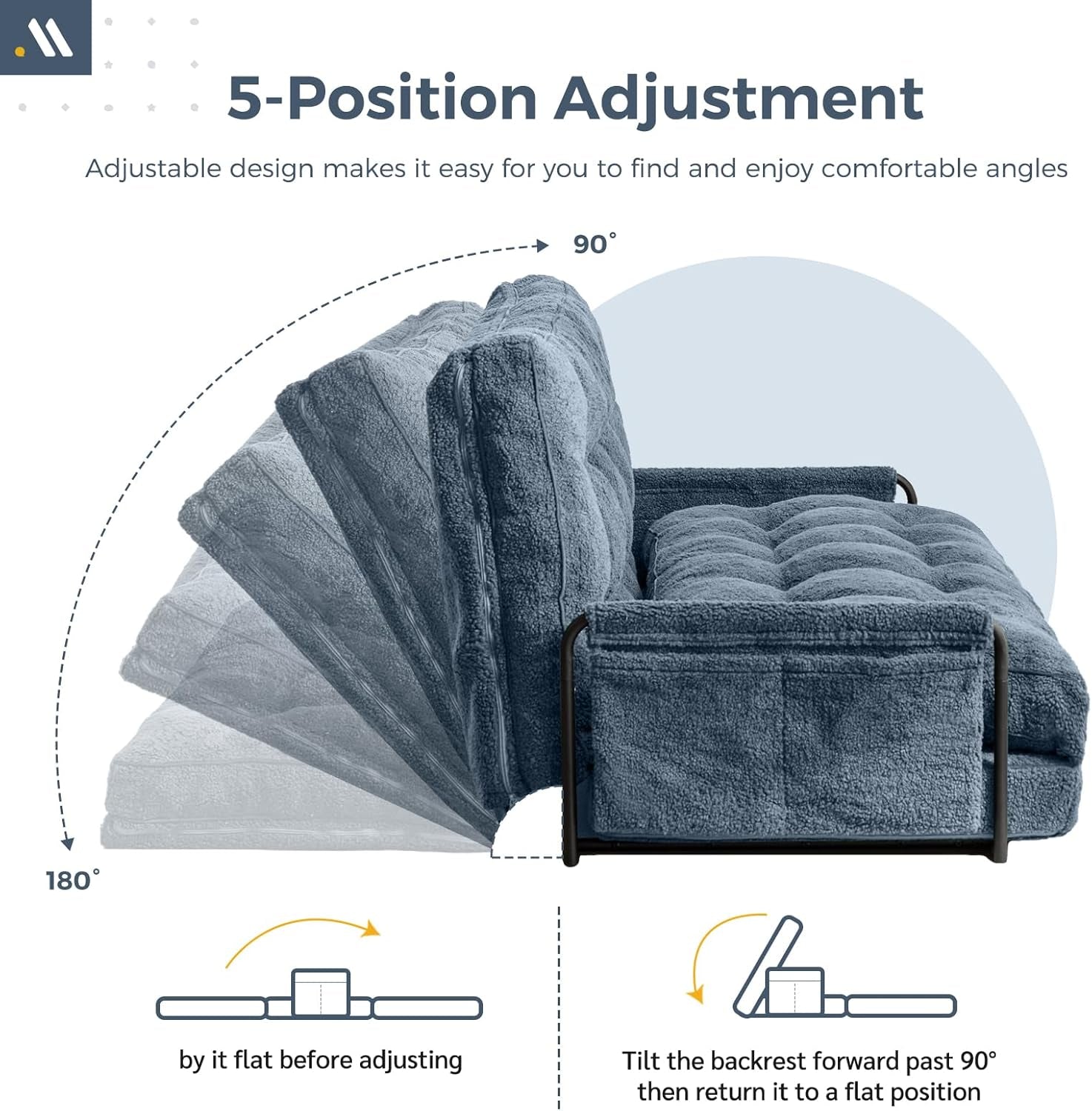 Adjustable Floor Sofa Couch with 2 Pillows, 5-Position Boucle Bean Bag Bed, Convertible Lazy Sofa Sleeper Bed with Armrest, Versatile Floor Seating Sofa for Living Room, Dusty Blue, Double-2